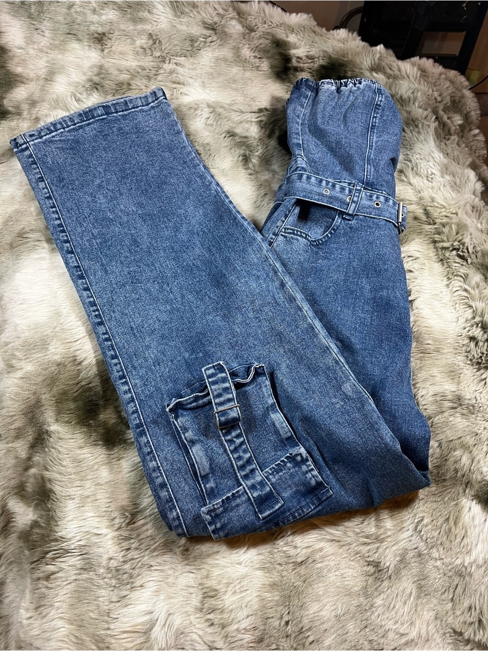 Blue Asphalt Medium Blue Denim Belted Strapless Jumpsuit - Cargo Pockets